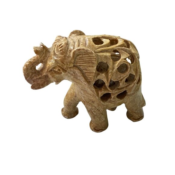 Hand Carved Soapstone Elephant Figurine with Intricate Jali Work Sculpture - Picture 6 of 9